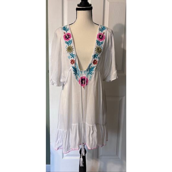 blue island Other - Blue Island Beach Coverup Women's Medium White Tropical Beaded Flowers